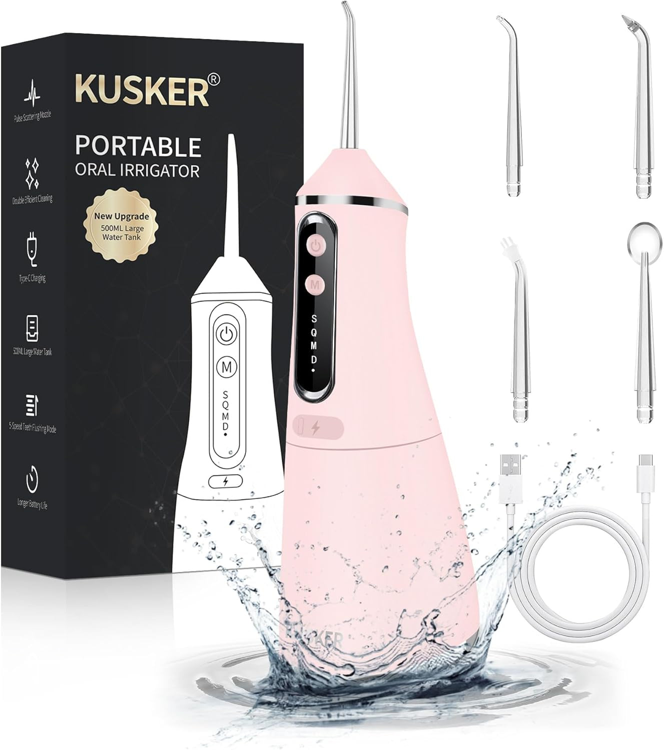 Water Dental Flosser Cordless, 500ML Portable Oral Irrigator for Teeth, 5 Modes and 4 Jet Tips, IPX7 Waterproof, Rechargeable for 30-Days Use, Home, Travel, Braces(Warm Pink)
