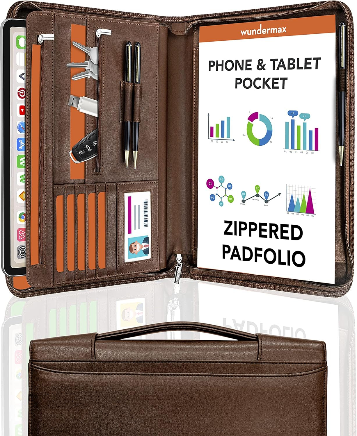 13X10.7X1.9In Vegan Leather Padfolio for Men/Women with Handle, Zipper, Notepad, Detachable Binder, Tablet Pocket - Brown