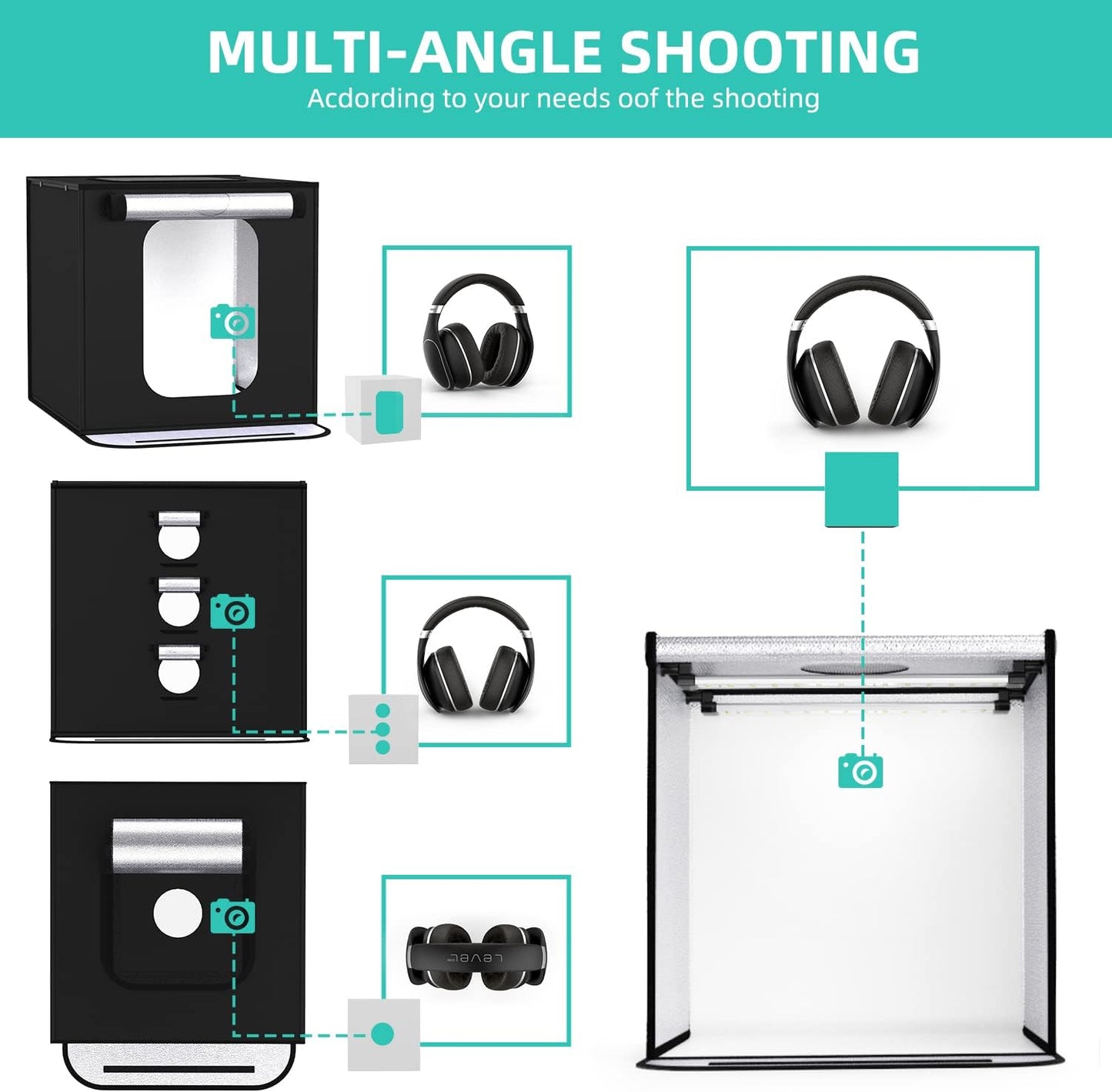 Photo Box, 8 PCS Backdrops Photo Light Box 24 X 24 Inch Dimmable Photography Lighting Shooting Tent Kit with 126 PCS LED Lights, Portable Bag (White Black Red Blue Green Yellow)