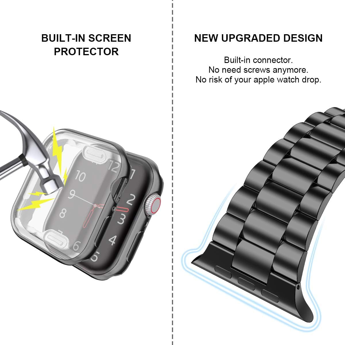 Compatible with Apple Watch Band 45Mm Series 9 8 7, Upgraded Stainless Steel Band with Iwatch Screen Protector Case for Men Women Black/Black