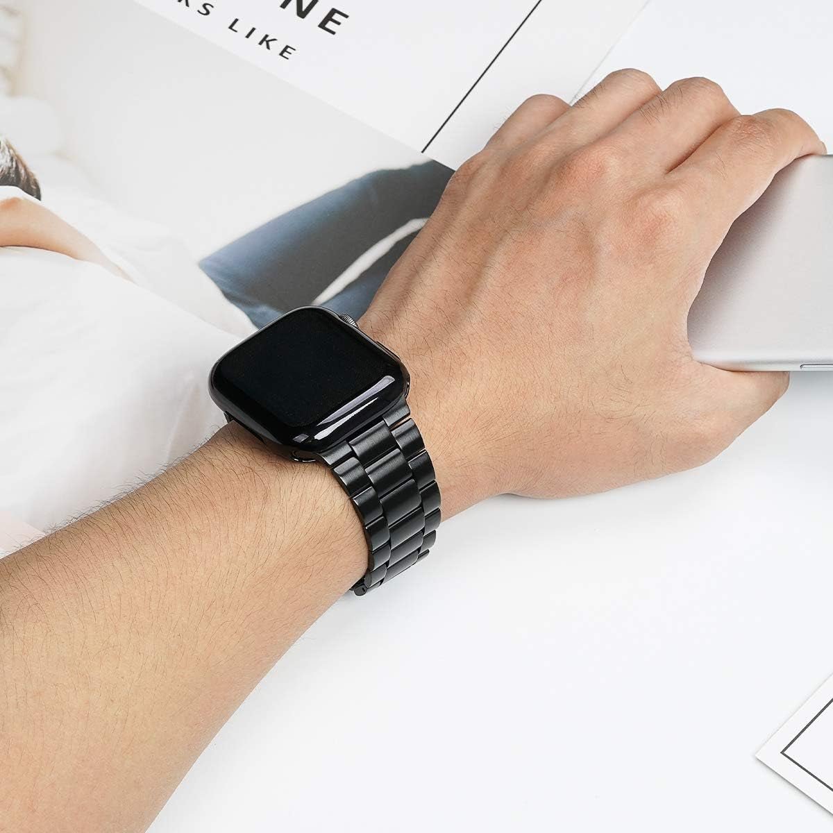 Compatible with Apple Watch Band 45Mm Series 9 8 7, Upgraded Stainless Steel Band with Iwatch Screen Protector Case for Men Women Black/Black