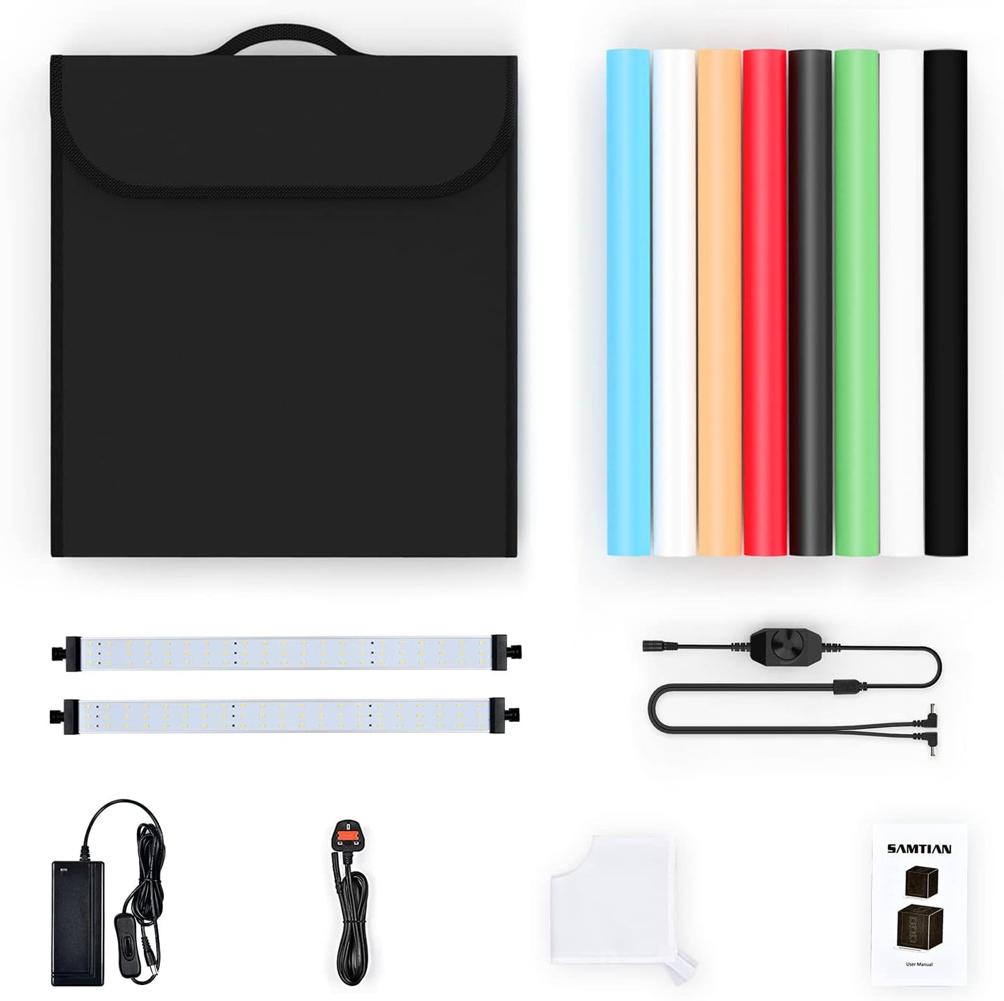 Photo Box, 8 PCS Backdrops Photo Light Box 24 X 24 Inch Dimmable Photography Lighting Shooting Tent Kit with 126 PCS LED Lights, Portable Bag (White Black Red Blue Green Yellow)