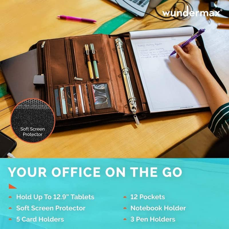 13X10.7X1.9In Vegan Leather Padfolio for Men/Women with Handle, Zipper, Notepad, Detachable Binder, Tablet Pocket - Brown