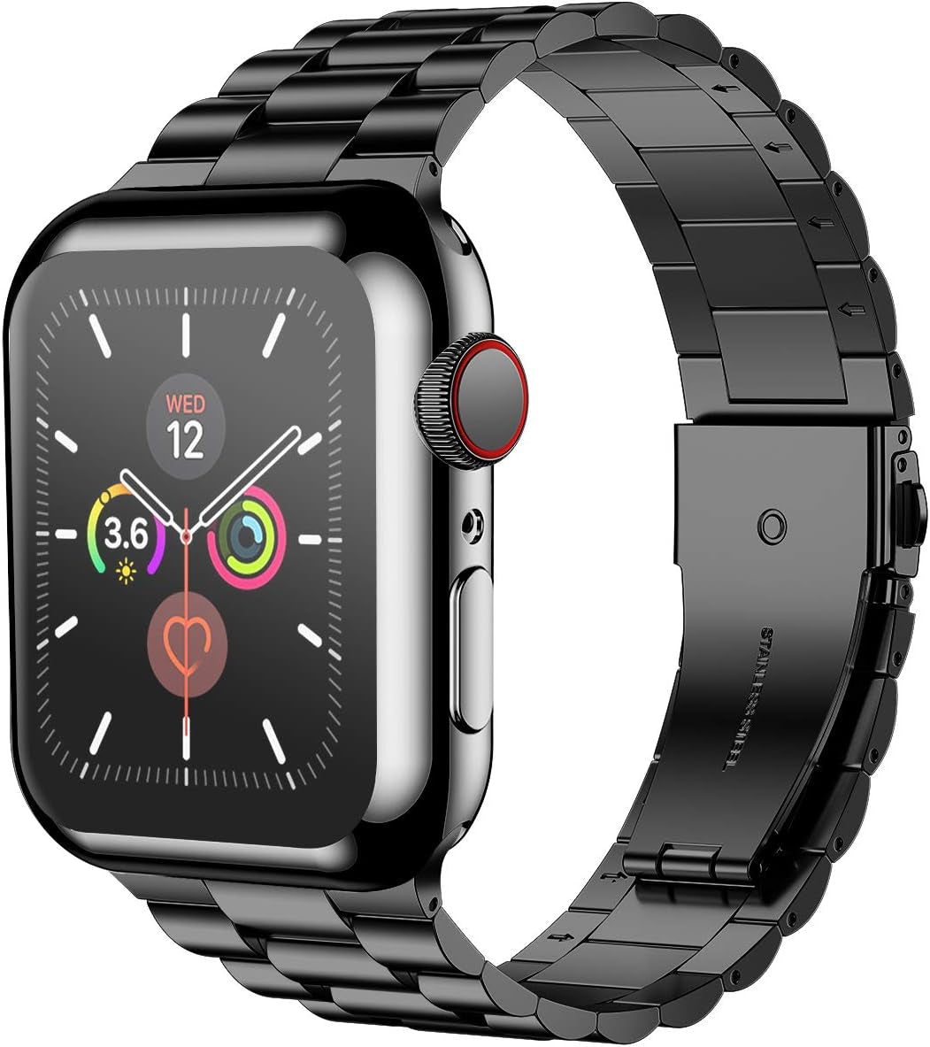 Compatible with Apple Watch Band 45Mm Series 9 8 7, Upgraded Stainless Steel Band with Iwatch Screen Protector Case for Men Women Black/Black