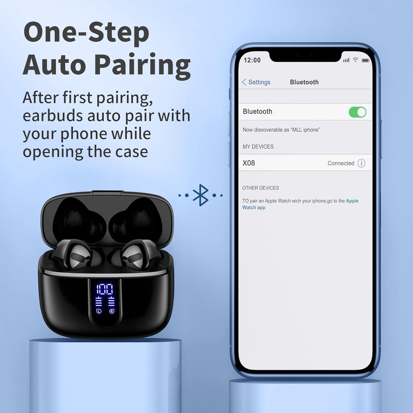 Remote Case Compatible Withr Bluetooth Headphones True Wireless Earbuds 60H Playback LED Power Display Earphones with Wireless Charging Case IPX5 Waterproof In-Ear Ear- Black