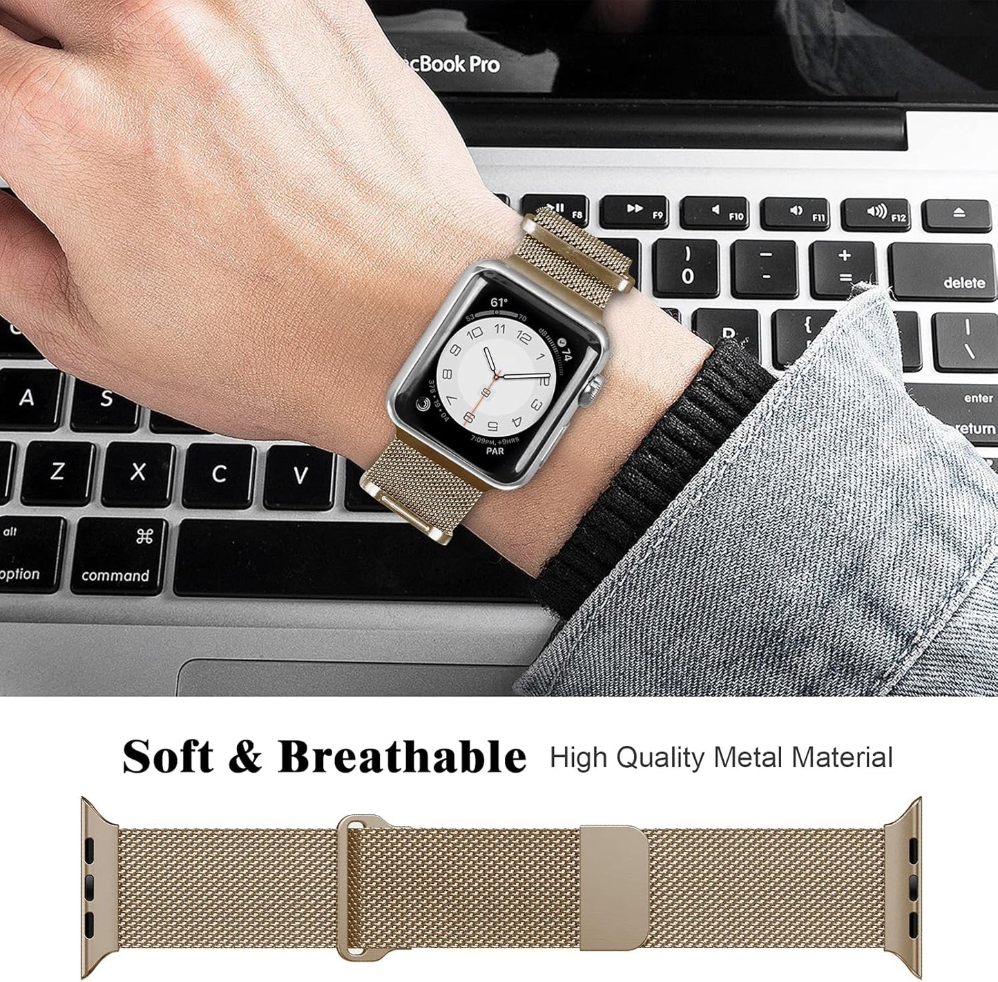Metal Magnetic Bands Compatible for Apple Watch Band 44Mm with Case, Stainless Steel Milanese Mesh Loop Replacement Strap Compatible with Iwatch Series 10-1 SE Women Men,Light Gold