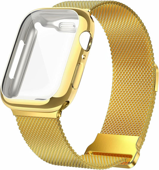 Metal Magnetic Bands Compatible for Apple Watch Band 38Mm with Case, Stainless Steel Milanese Mesh Loop Replacement Strap Compatible with Iwatch Series 10/9/8/7/6/5/4/3/2/1 SE Women Men, Gold