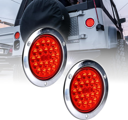 TRUE MODS 2Pc 4" Inch round 10 LED Trailer Tail Lights [DOT FMVSS 108] [SAE STI] [Stainless Steel Chrome Bezel & Connector Plug] Stop Brake Lights Compatible with Jeep TJ Semi Truck RV Flatbed Camper