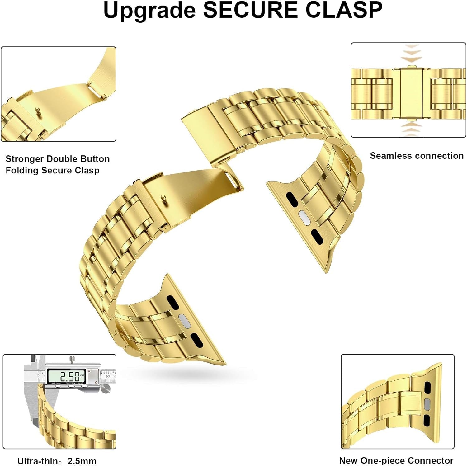 Solid Stainless Steel Band Compatible with Apple Watch 44Mm 42Mm (Series 3/2/1), Metal Strap with Soft TPU Case for Iwatch Series 6 5 4 3 2 1 SE SE2 SE3 Women and Men, Gold