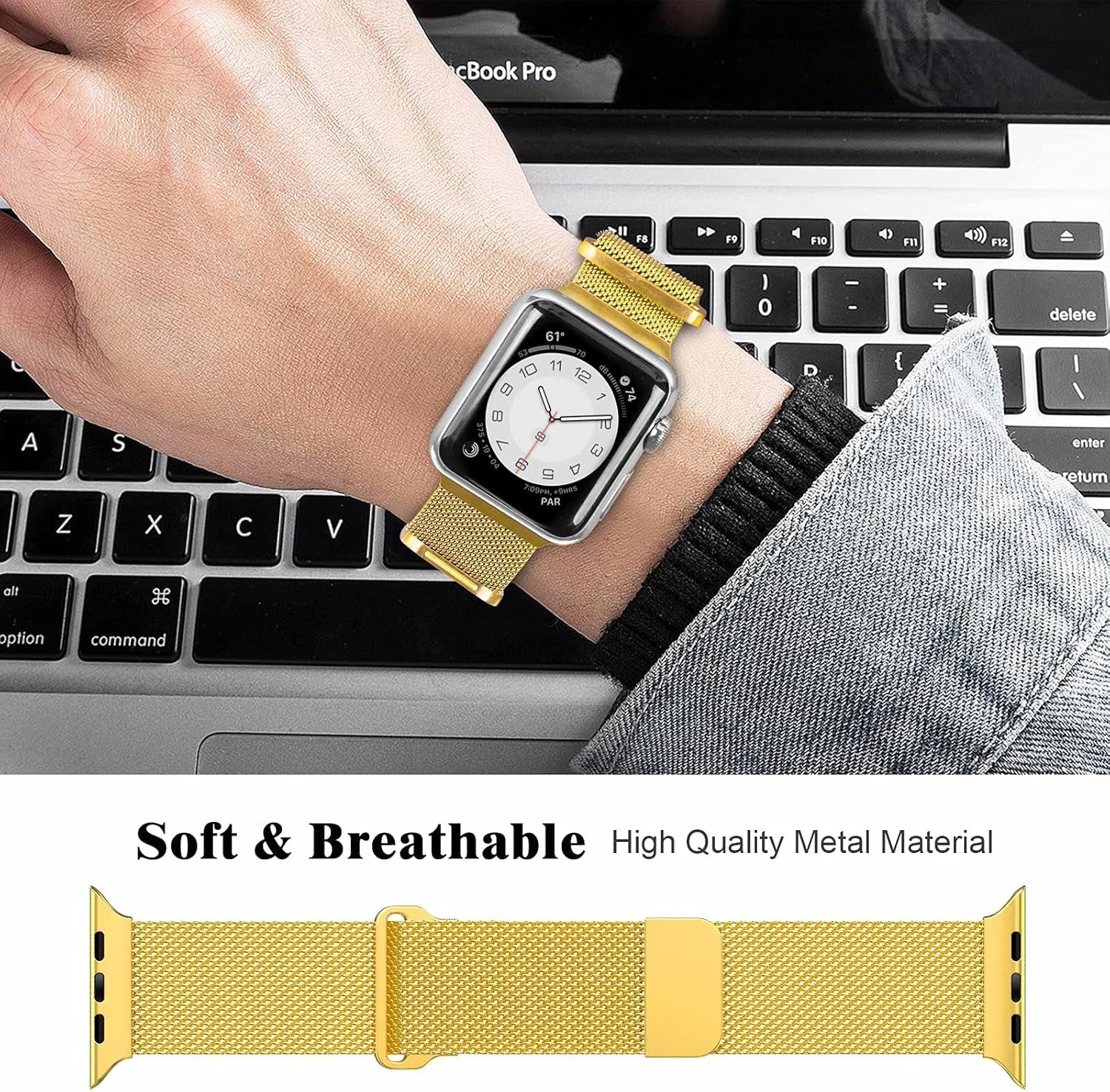 Metal Magnetic Bands Compatible for Apple Watch Band 38Mm with Case, Stainless Steel Milanese Mesh Loop Replacement Strap Compatible with Iwatch Series 10/9/8/7/6/5/4/3/2/1 SE Women Men, Gold