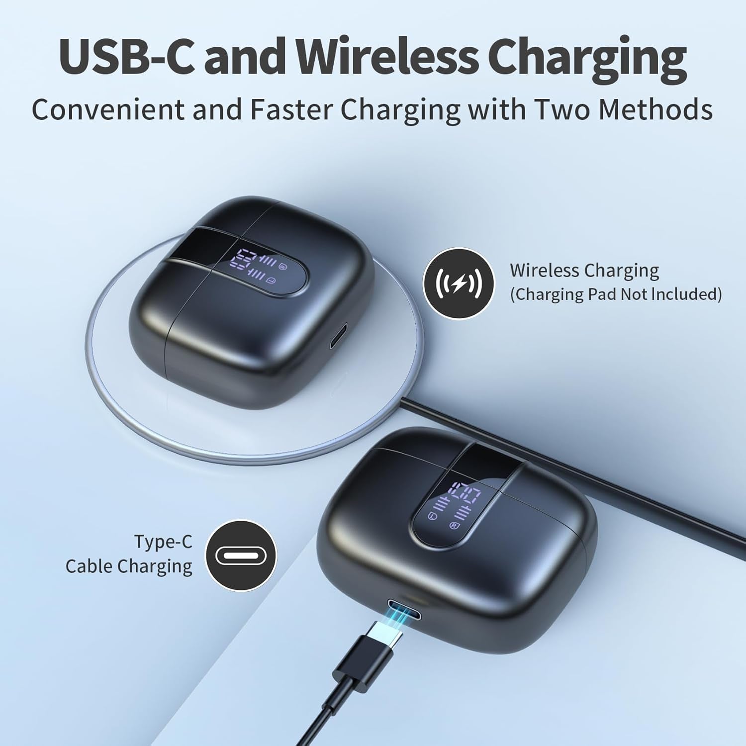 Remote Case Compatible Withr Bluetooth Headphones True Wireless Earbuds 60H Playback LED Power Display Earphones with Wireless Charging Case IPX5 Waterproof In-Ear Ear- Black