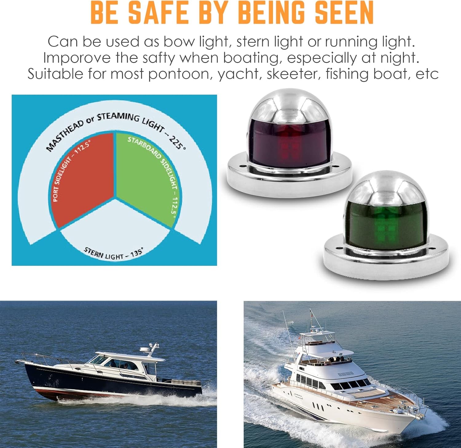 One Pair LED Navigation Lights Red and Green Lights Marine Sailing Signal Lights Stainless Steel 12V Bow Side Port Starboard for Boating Fishing Yacht, Pontoons, Chandlery Boat