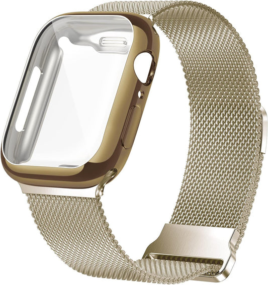 Metal Magnetic Bands Compatible for Apple Watch Band 44Mm with Case, Stainless Steel Milanese Mesh Loop Replacement Strap Compatible with Iwatch Series 10-1 SE Women Men,Light Gold