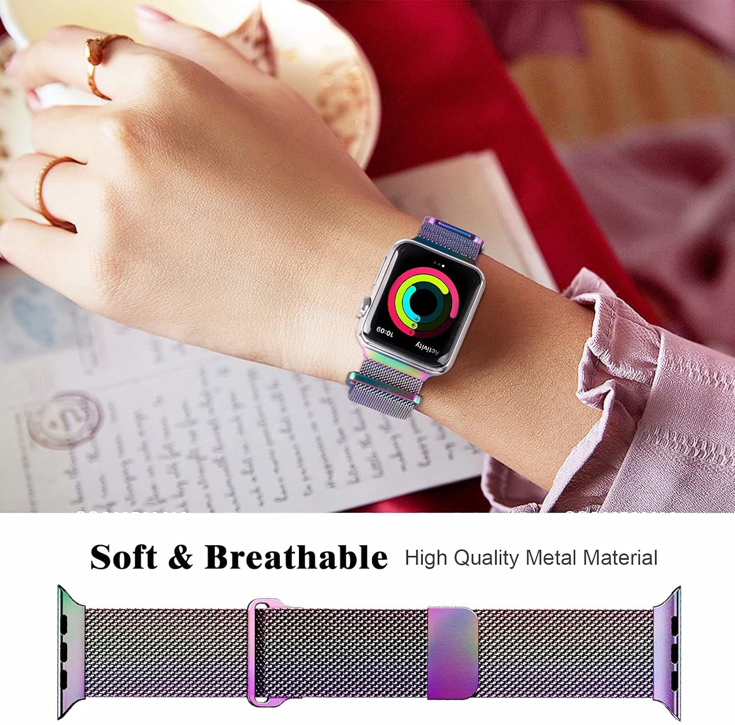 Metal Magnetic Bands Compatible for Apple Watch Band 42Mm with Case, Stainless Steel Milanese Mesh Loop Replacement Strap Compatible with Iwatch Series 10-1 SE Women Men,Colorful