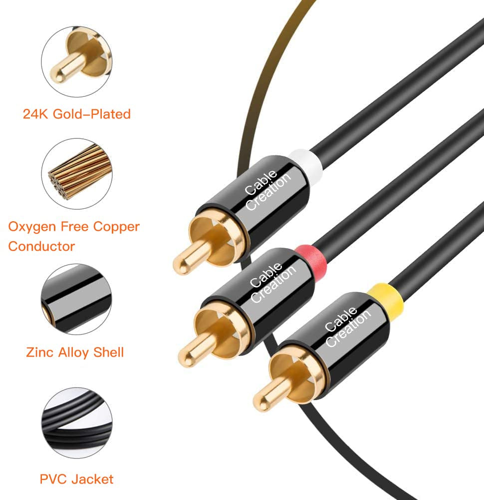 Audio Video RCA Cable, 10FT 3RCA to 3RCA Composite AV Cable Compatible with Set-Top Box, Speaker, Amplifier, DVD Player, 24K Gold Plated