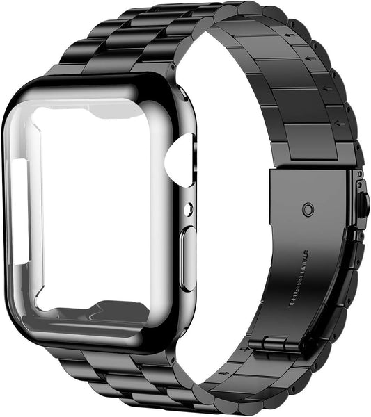Compatible with Apple Watch Band 45Mm Series 9 8 7, Upgraded Stainless Steel Band with Iwatch Screen Protector Case for Men Women Black/Black
