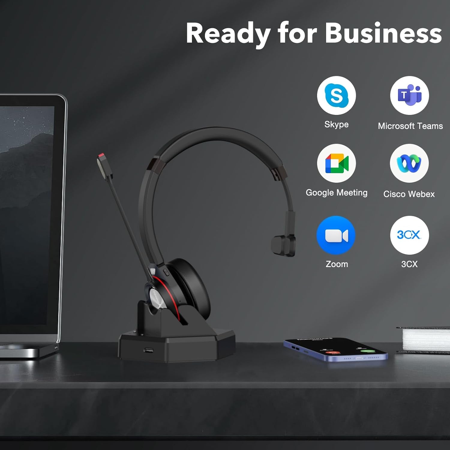 Wireless Bluetooth Headset for Pc/Office - Noise-Cancelling Microphone with Mute & Busy Light, 30H Talk Time, Compatible with Teams/Zoom/3Cx Online Meetings (Y891BT Black)