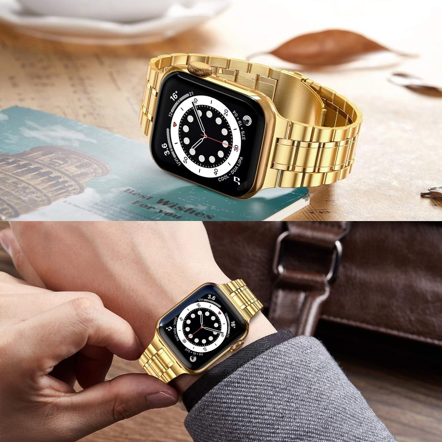Solid Stainless Steel Band Compatible with Apple Watch 44Mm 42Mm (Series 3/2/1), Metal Strap with Soft TPU Case for Iwatch Series 6 5 4 3 2 1 SE SE2 SE3 Women and Men, Gold