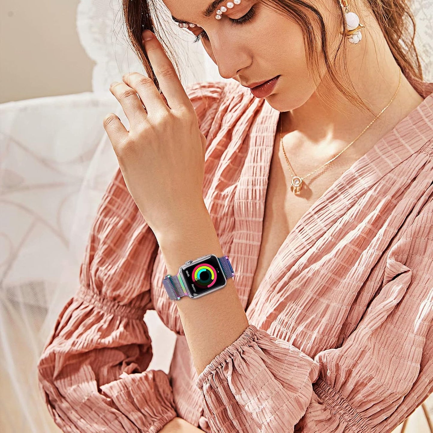 Metal Magnetic Bands Compatible for Apple Watch Band 42Mm with Case, Stainless Steel Milanese Mesh Loop Replacement Strap Compatible with Iwatch Series 10-1 SE Women Men,Colorful