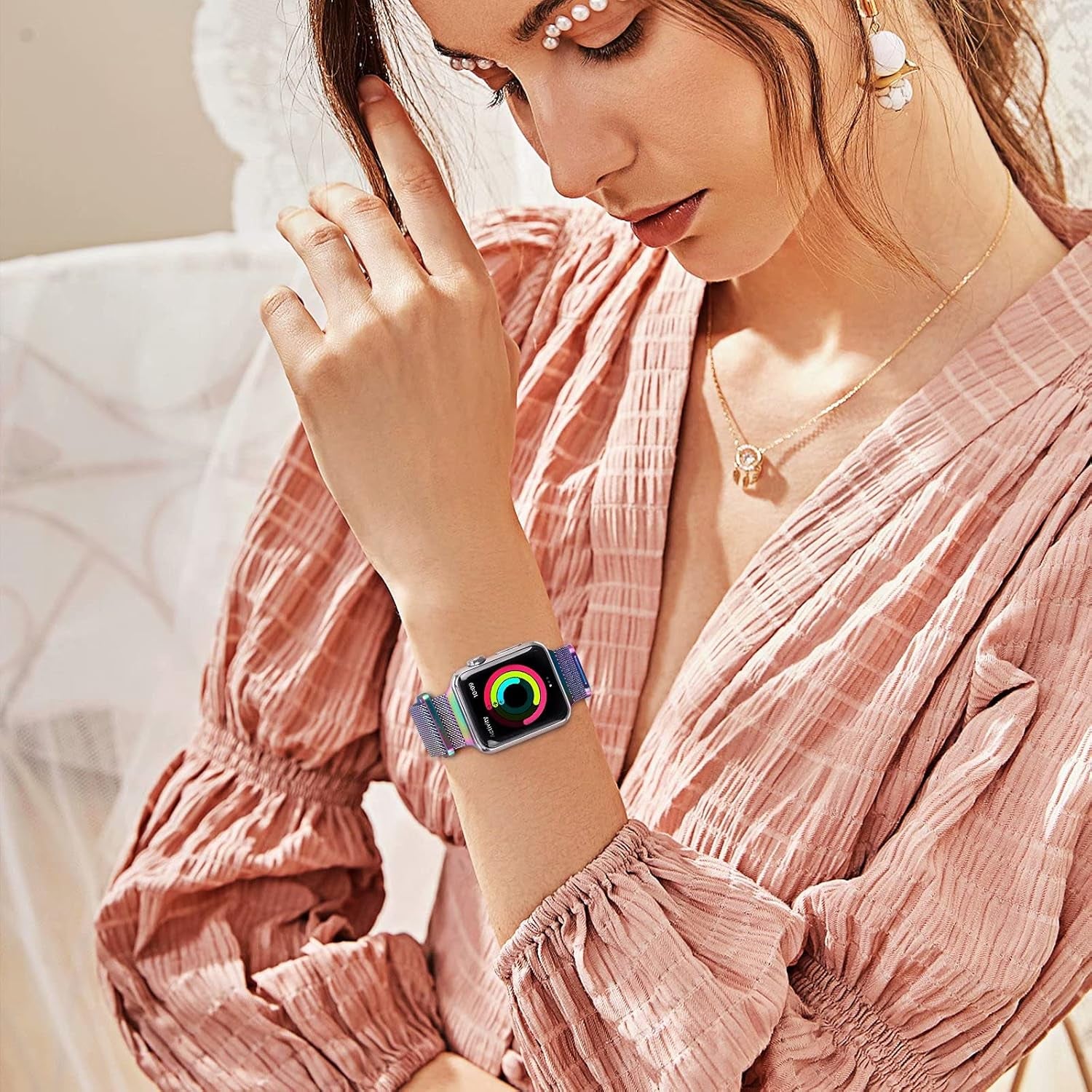 Metal Magnetic Bands Compatible for Apple Watch Band 42Mm with Case, Stainless Steel Milanese Mesh Loop Replacement Strap Compatible with Iwatch Series 10-1 SE Women Men,Colorful
